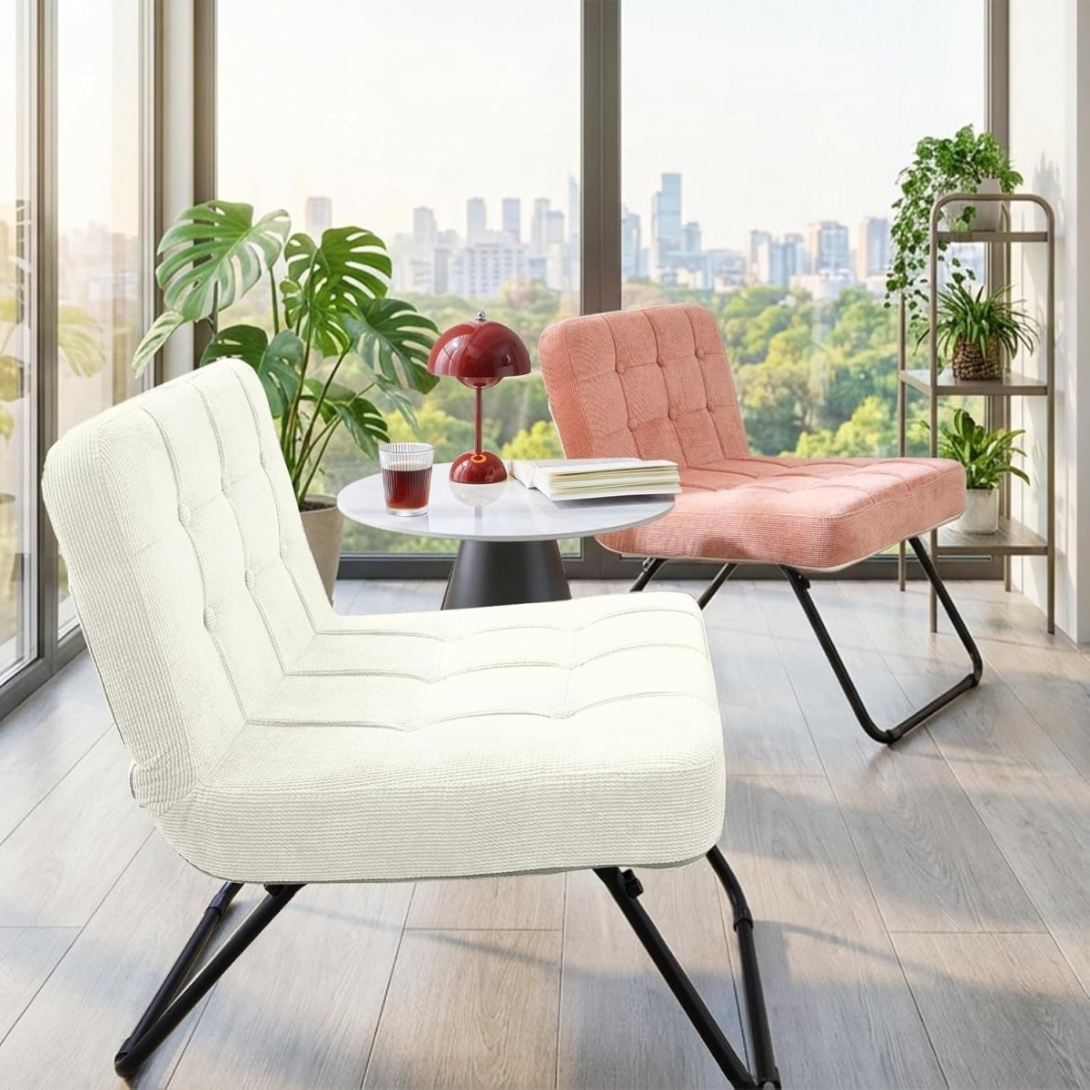 Folding Accent Chair Corduroy Lounge Seat Metal Legs Cream - Kwikley