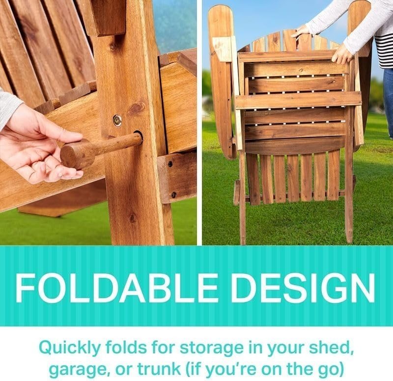 Folding Adirondack Garden Chair Ergonomic Wooden Outdoor Patio Seat - Kwikley