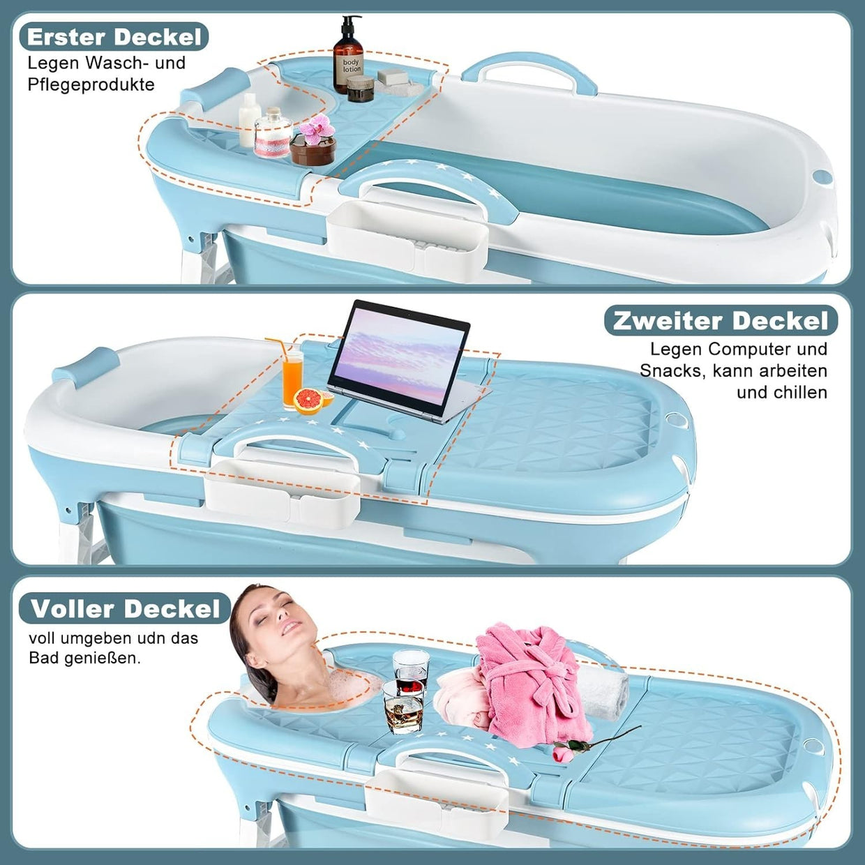 Folding Adult Bathtub 117x61x53cm Blue Portable Ice & Hot Bath Freestanding - Kwikley