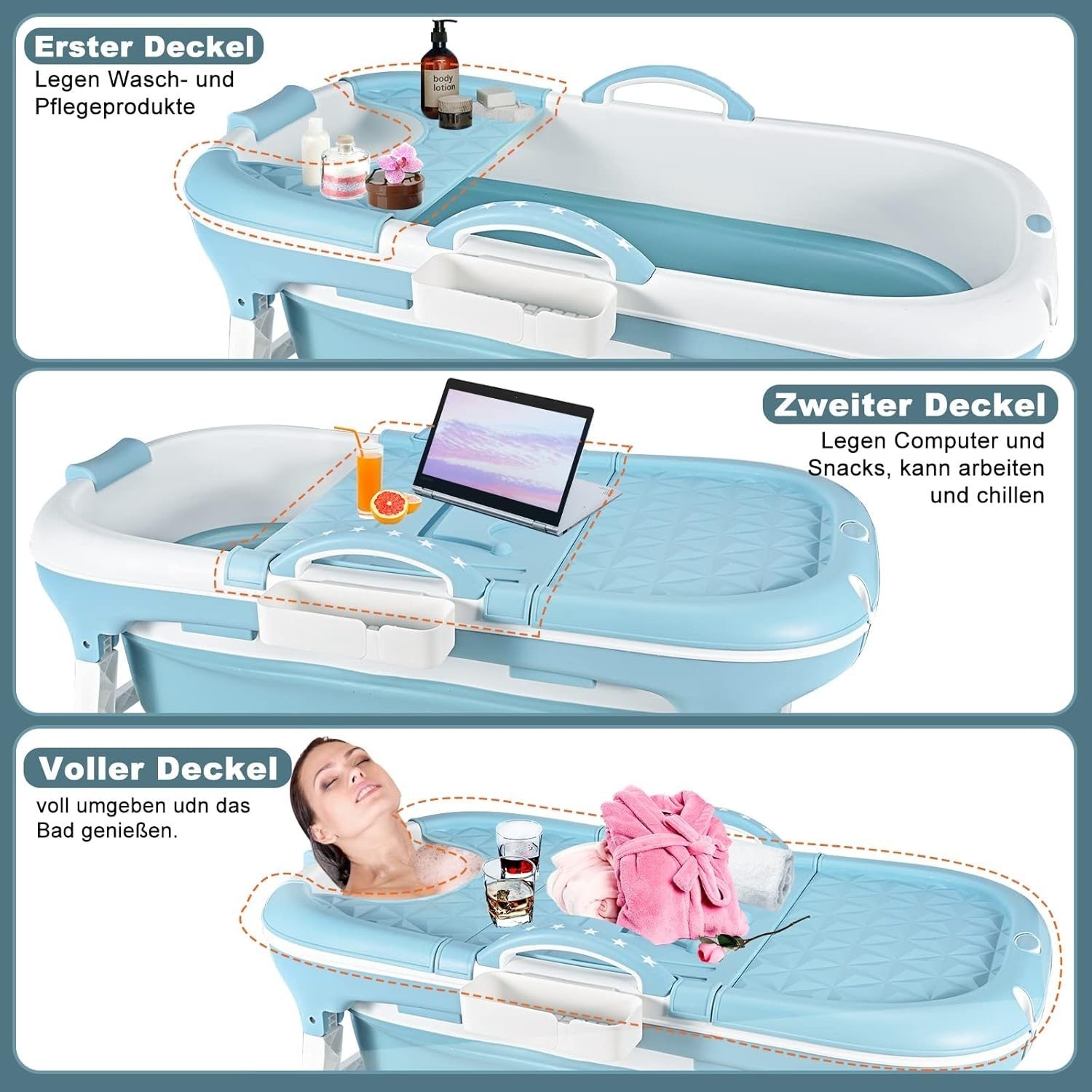 Folding Adult Bathtub 117x61x53cm Blue Portable Ice & Hot Bath Freestanding - Kwikley