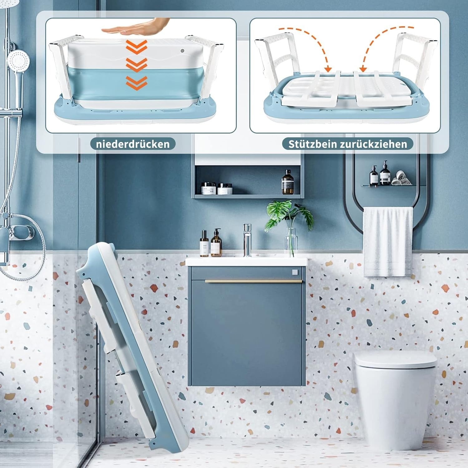 Folding Adult Bathtub 117x61x53cm Blue Portable Ice & Hot Bath Freestanding - Kwikley