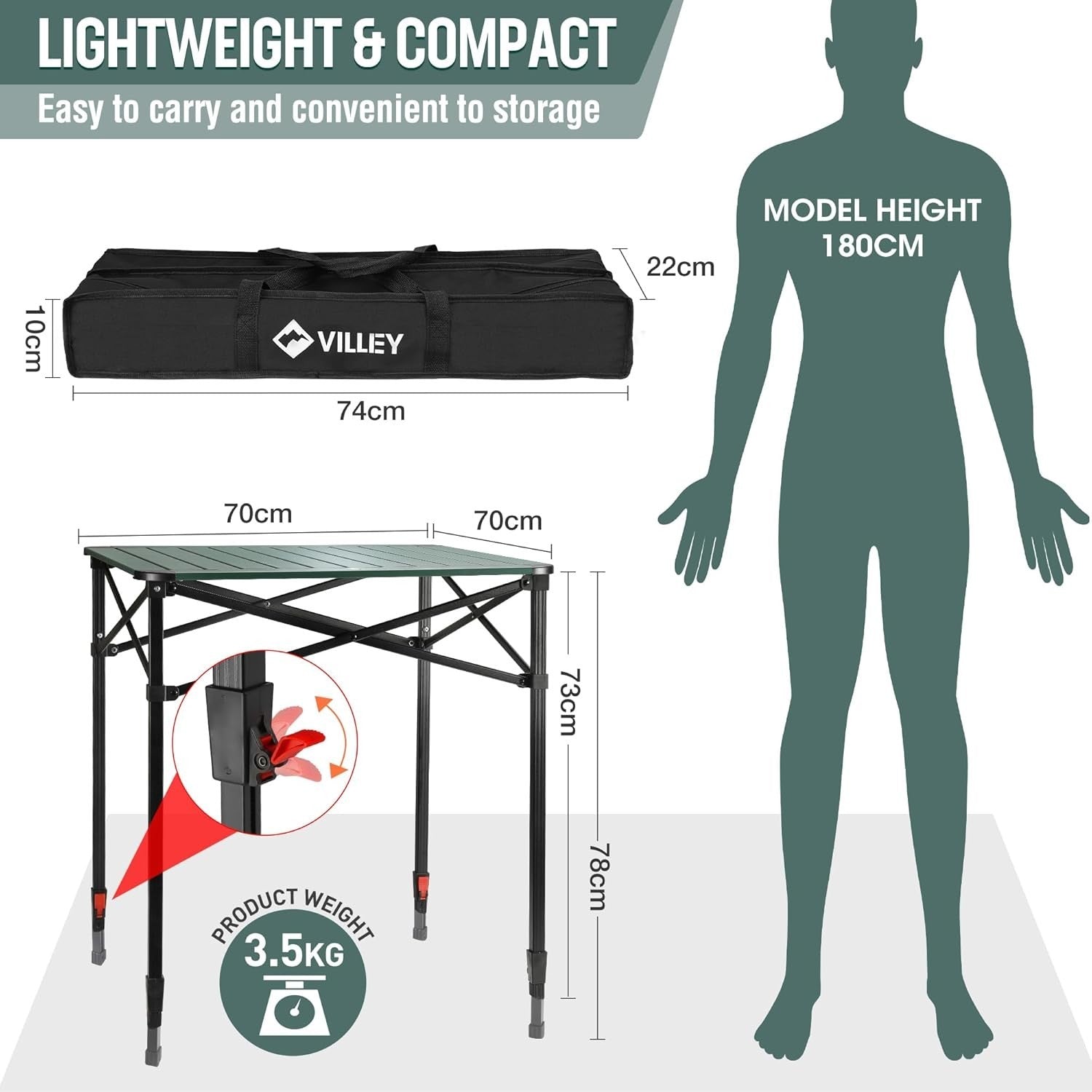 Folding Aluminium Camping Table Large Height Adjustable 60kg Outdoor - Kwikley