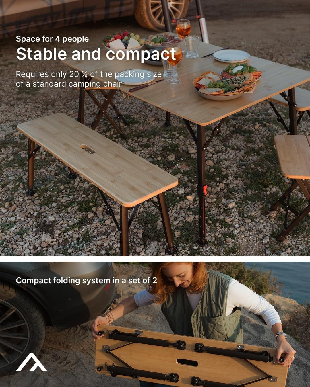 Folding Bamboo Camping Bench Set 2x – Portable, Lightweight, Durable - Kwikley