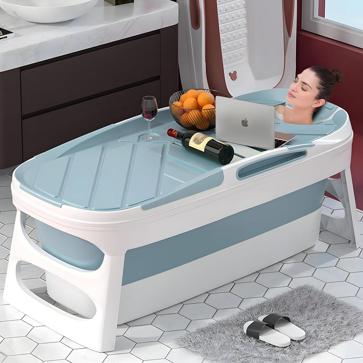 Folding Bathtub 113x63x54cm Blue Portable Adults Children Soaking Spa Tub - Kwikley