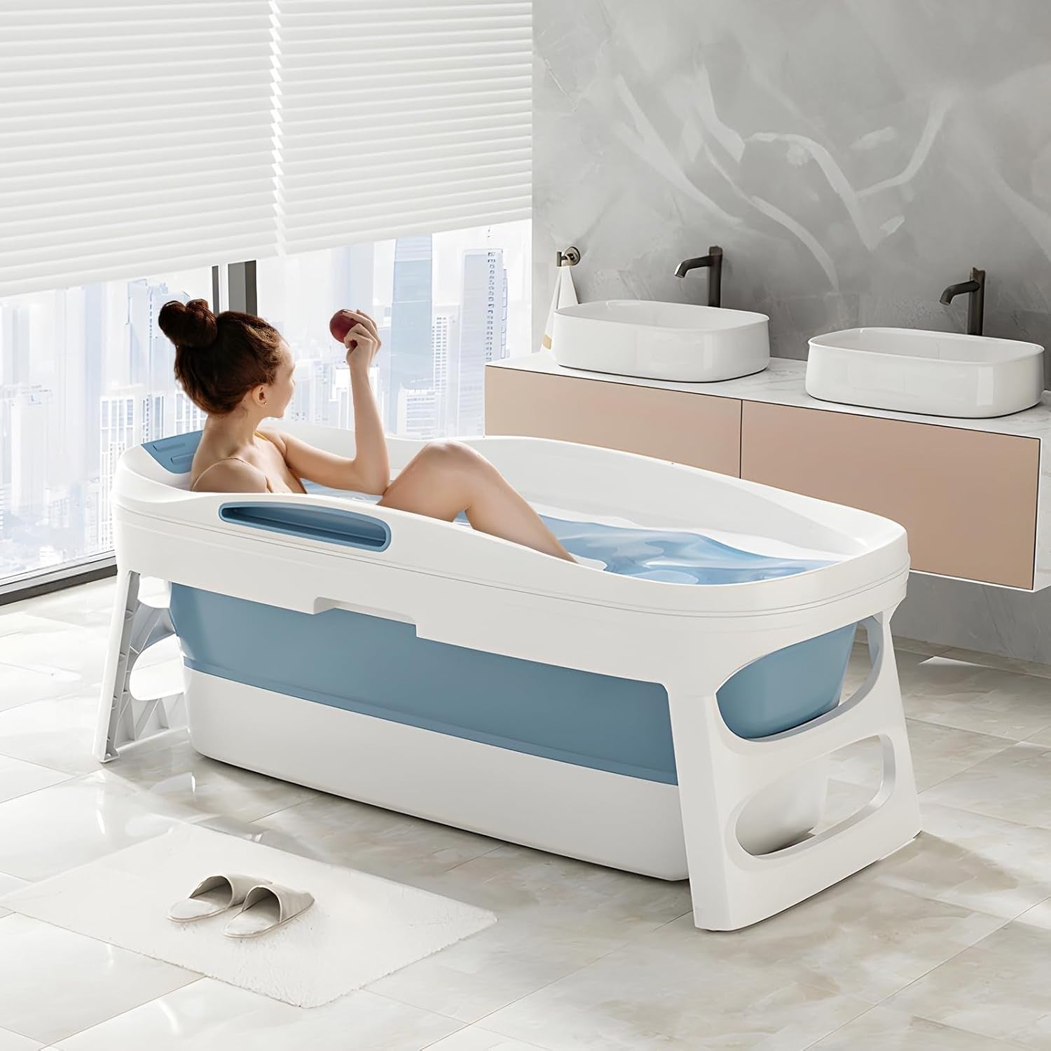Folding Bathtub 113x63x54cm Blue Portable Adults Children Soaking Spa Tub - Kwikley