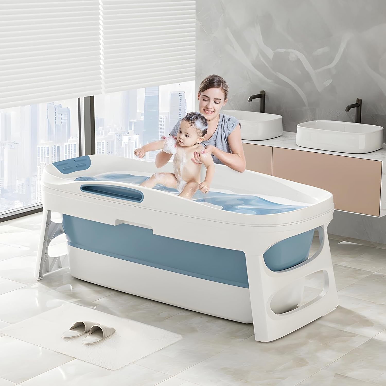 Folding Bathtub 113x63x54cm Blue Portable Adults Children Soaking Spa Tub - Kwikley