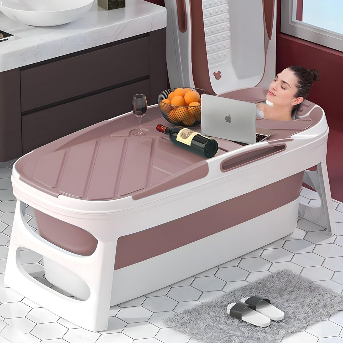 Folding Bathtub 113x63x54cm Pink Portable Adults Children Soaking Spa Tub - Kwikley