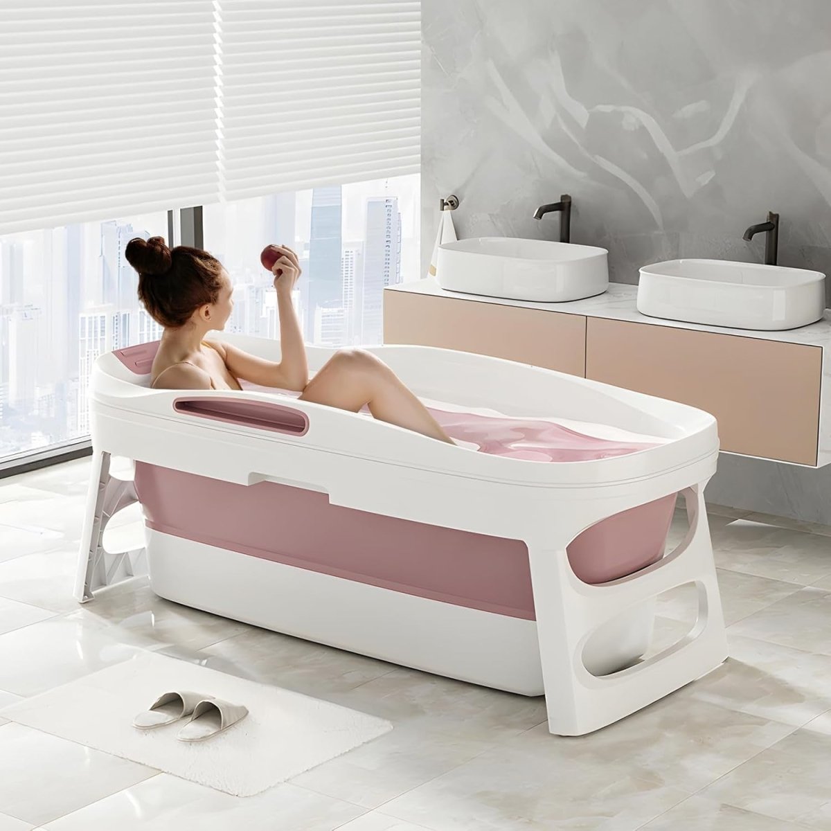 Folding Bathtub 113x63x54cm Pink Portable Adults Children Soaking Spa Tub - Kwikley