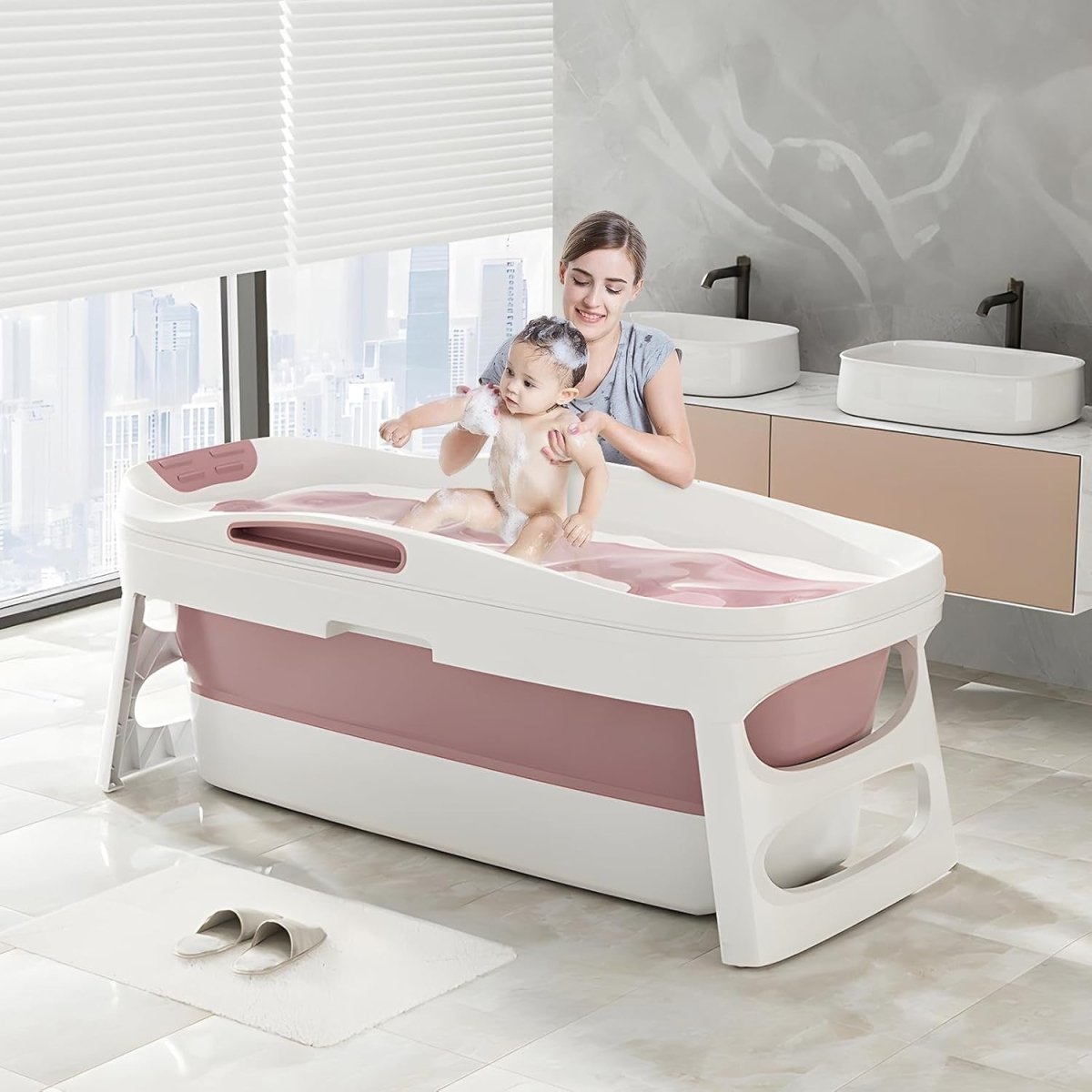 Folding Bathtub 113x63x54cm Pink Portable Adults Children Soaking Spa Tub - Kwikley
