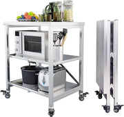Folding Black Kitchen Cart with 3 - Tier Shelves, Locking Wheels & Steel Frame - Kwikley
