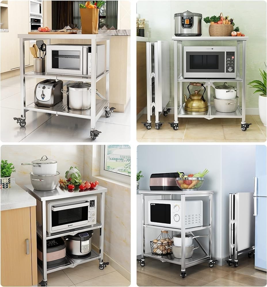 Folding Black Kitchen Cart with 3 - Tier Shelves, Locking Wheels & Steel Frame - Kwikley