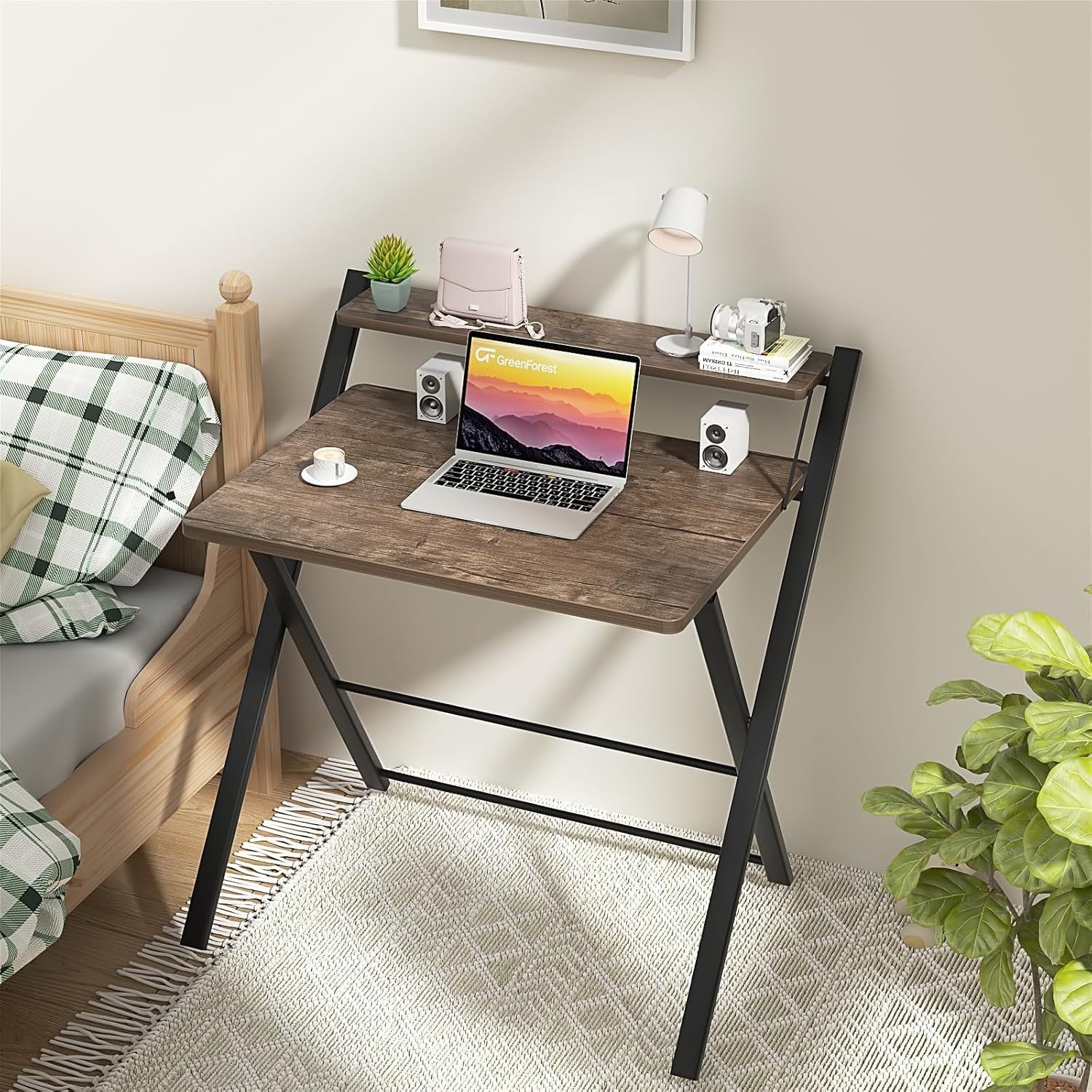Folding Brown Computer Desk with Shelf Small Space Workstation - Kwikley