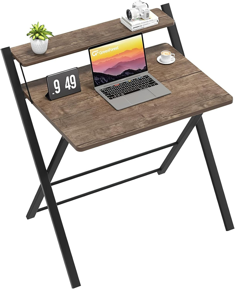 Folding Brown Computer Desk with Shelf Small Space Workstation - Kwikley