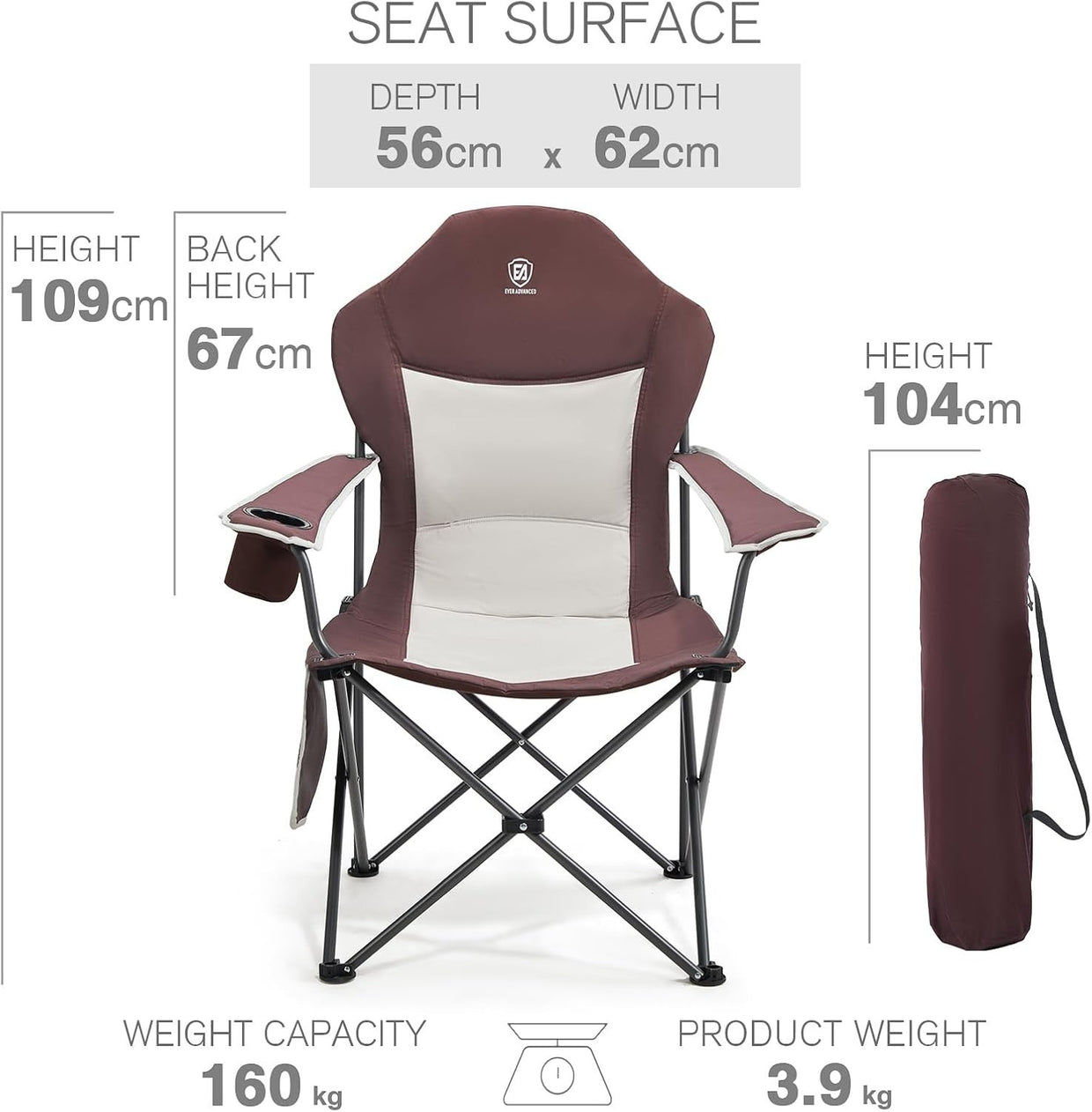 Folding Camping Chair Heavy Duty High Back Cup Holder Padded 160kg Max - Kwikley