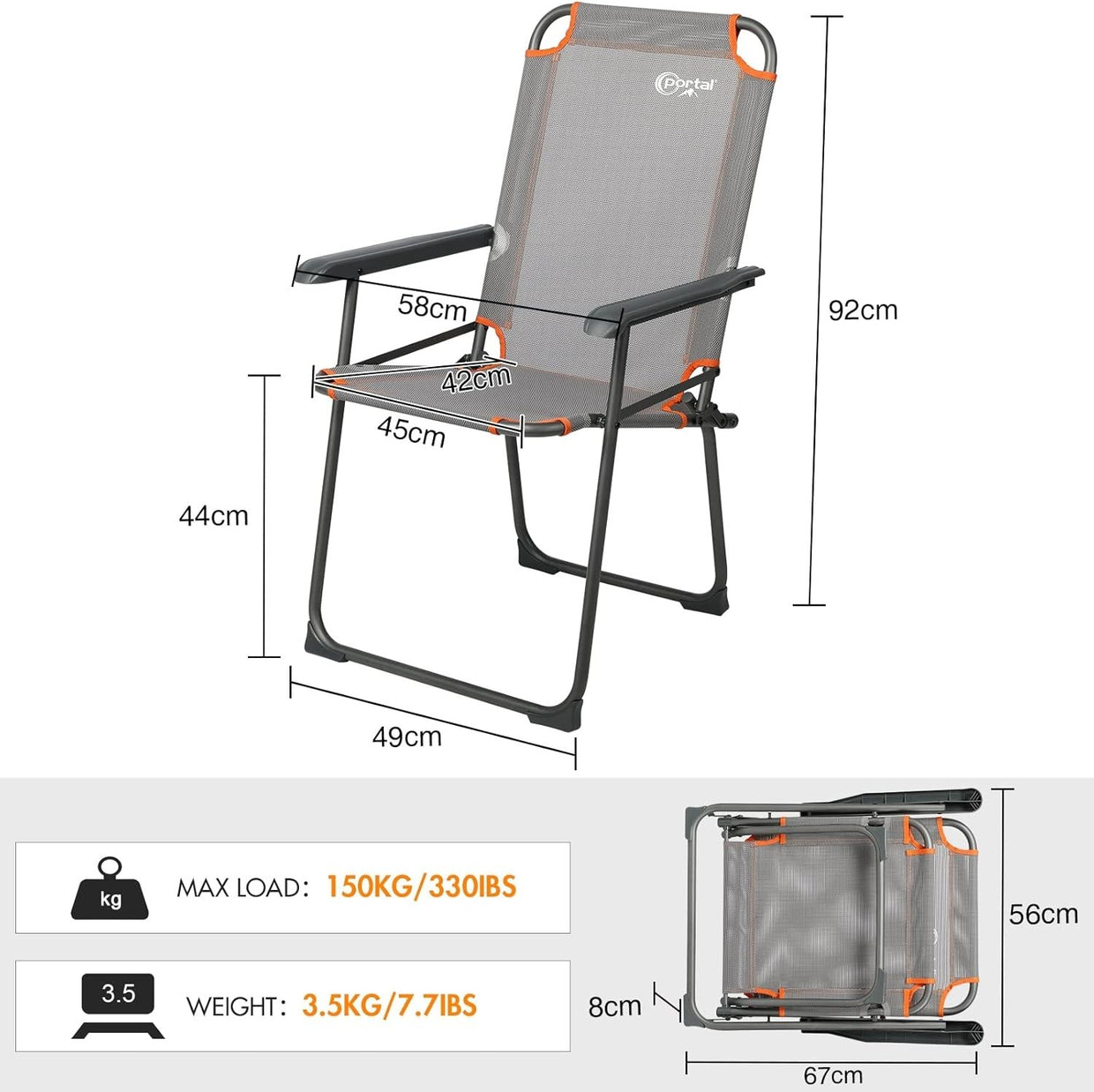 Folding Camping Chairs Set of 2 High Back Steel Frame 150KG Mesh Seat - Kwikley