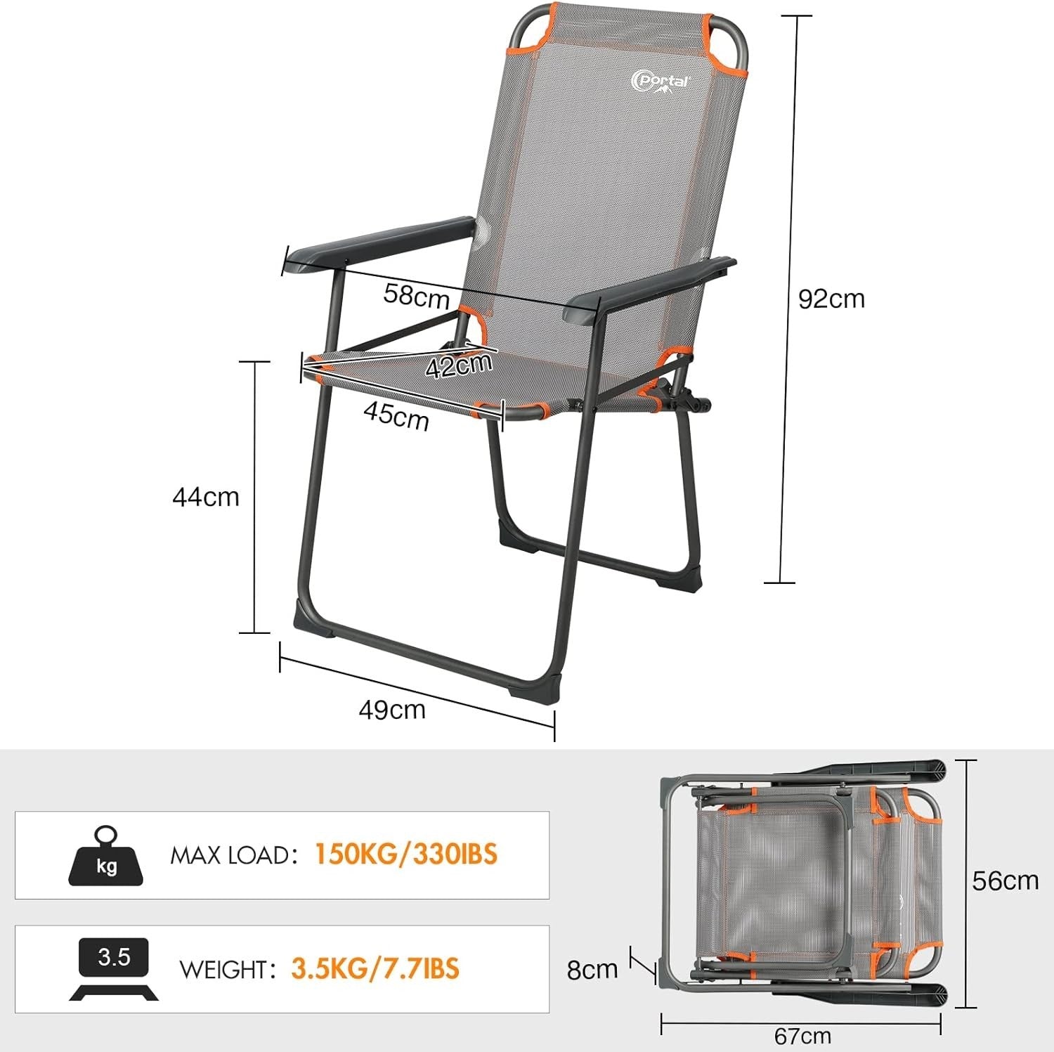 Folding Camping Chairs Set of 2 High Back Steel Frame 150KG Mesh Seat - Kwikley