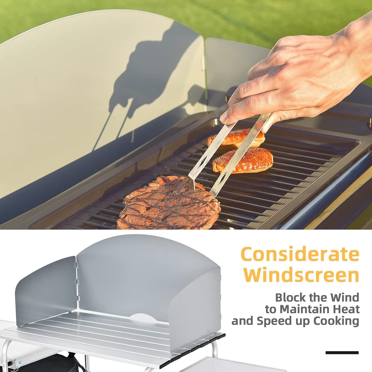 Folding Camping Kitchen Table BBQ Station with Windshield & Storage 172cm - Kwikley
