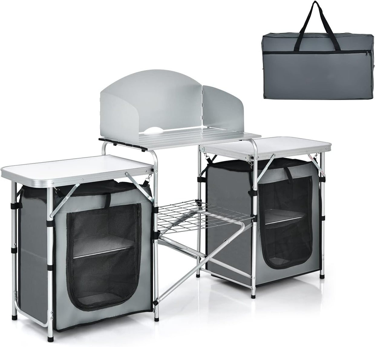 Folding Camping Kitchen Table BBQ Station with Windshield & Storage 172cm - Kwikley