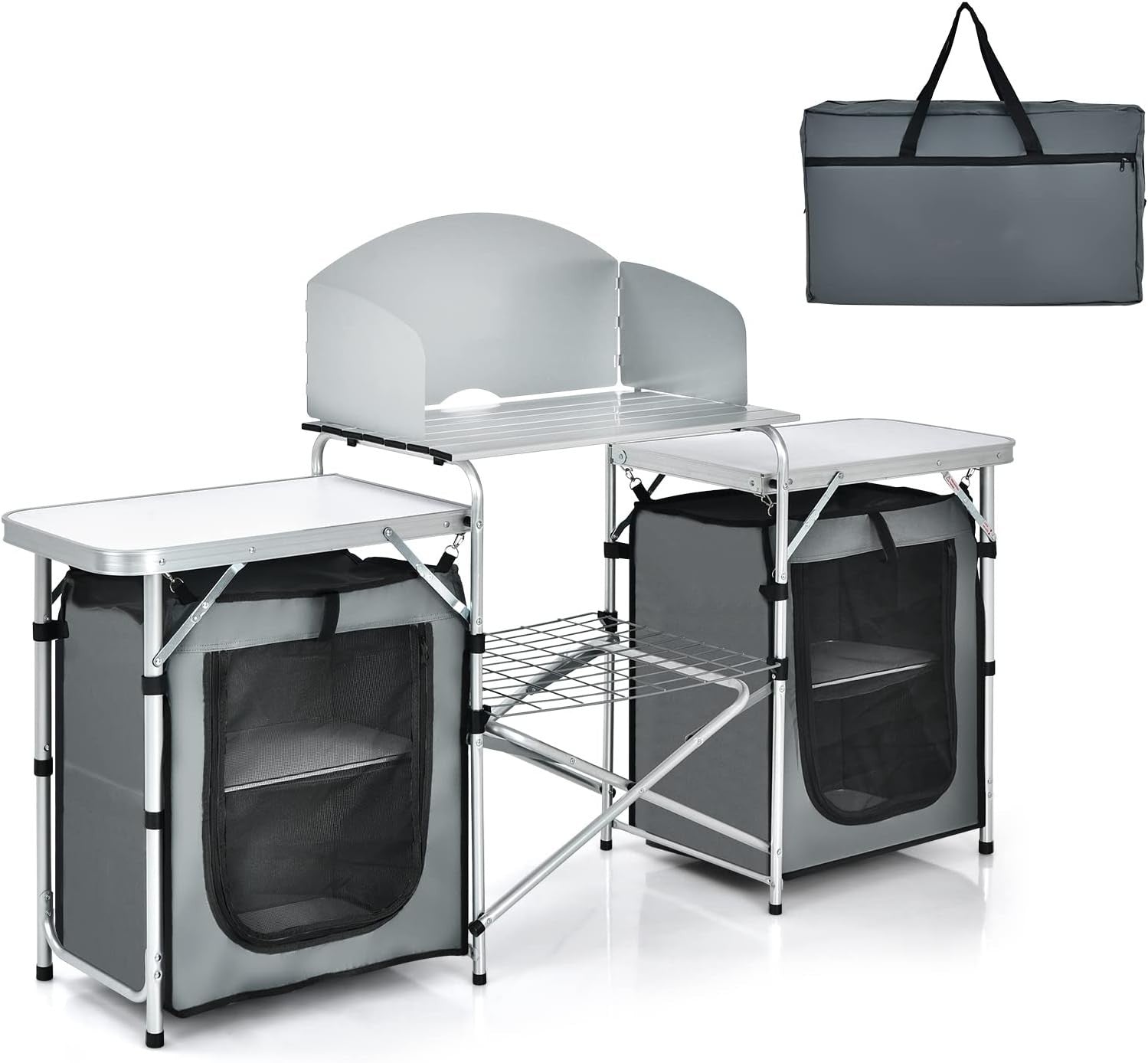 Folding Camping Kitchen Table BBQ Station with Windshield & Storage 172cm - Kwikley