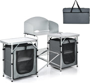 Folding Camping Kitchen Table BBQ Station with Windshield & Storage 172cm - Kwikley