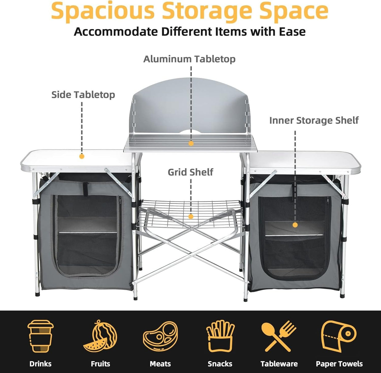 Folding Camping Kitchen Table BBQ Station with Windshield & Storage 172cm - Kwikley
