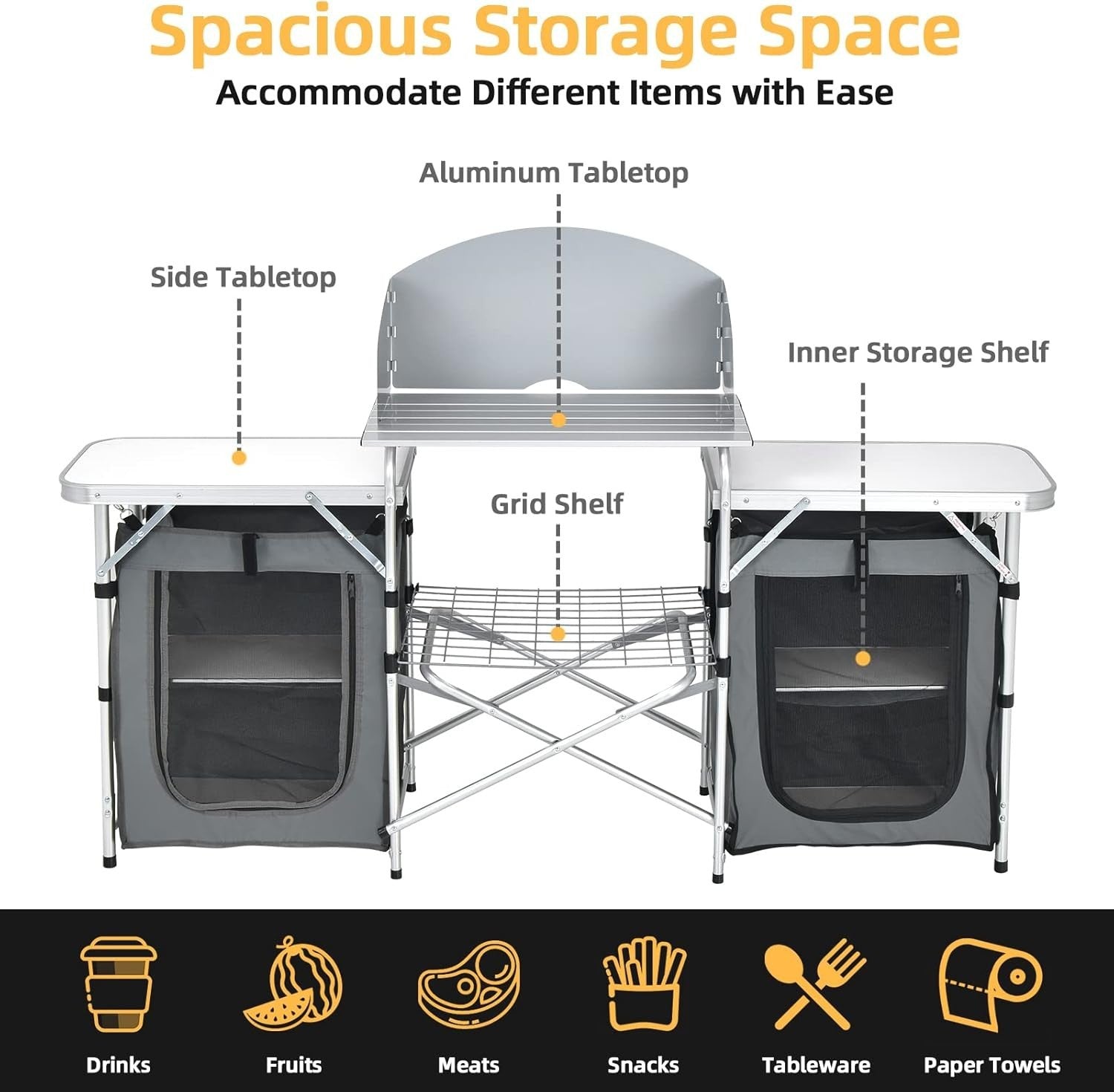 Folding Camping Kitchen Table BBQ Station with Windshield & Storage 172cm - Kwikley