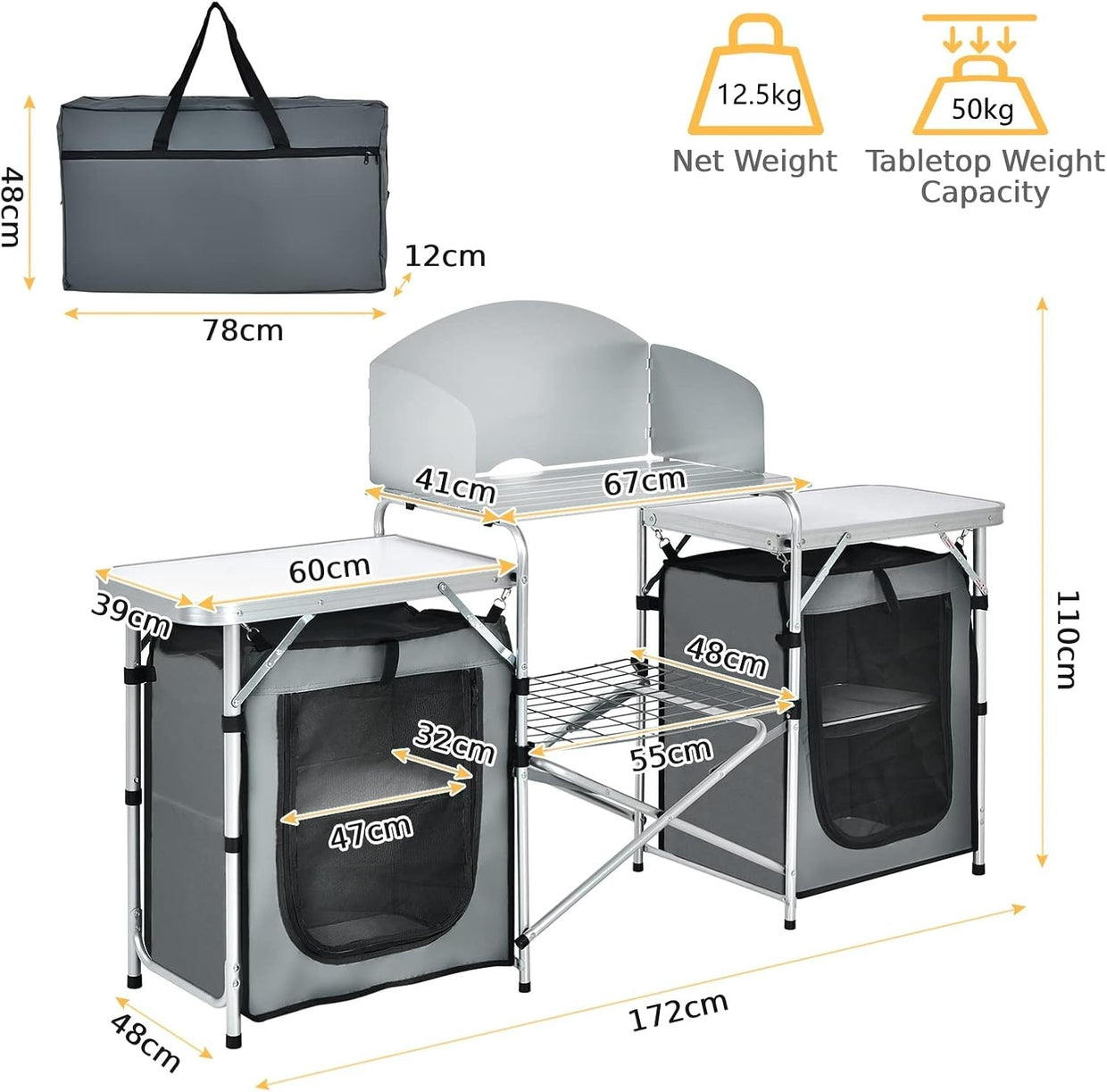 Folding Camping Kitchen Table BBQ Station with Windshield & Storage 172cm - Kwikley