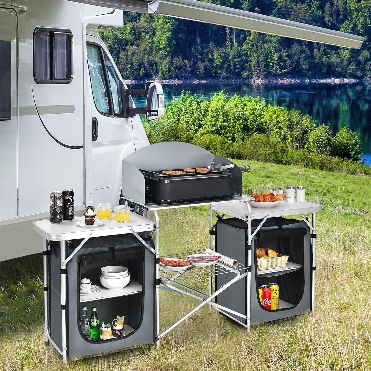 Folding Camping Kitchen Table BBQ Station with Windshield & Storage 172cm - Kwikley