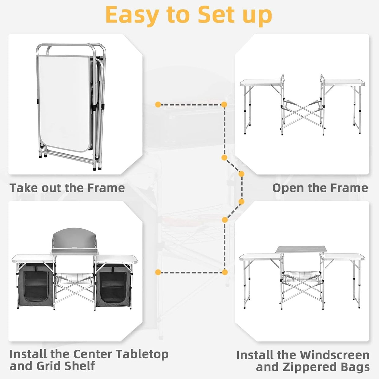 Folding Camping Kitchen Table BBQ Station with Windshield & Storage 172cm - Kwikley