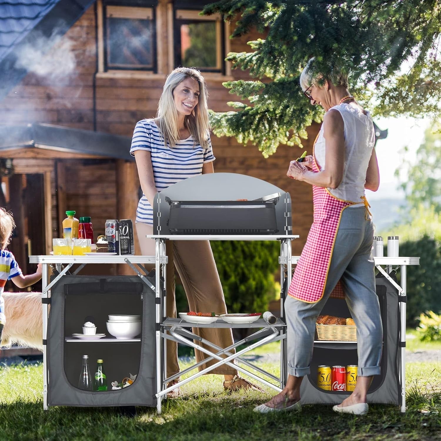 Folding Camping Kitchen Table BBQ Station with Windshield & Storage 172cm - Kwikley