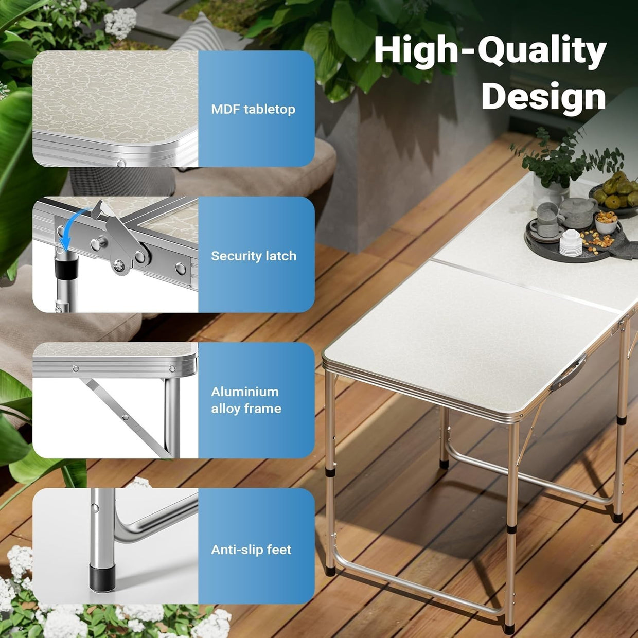 Folding Camping Table 180x60cm Adjustable Height BBQ Garden Picnic - Kwikley