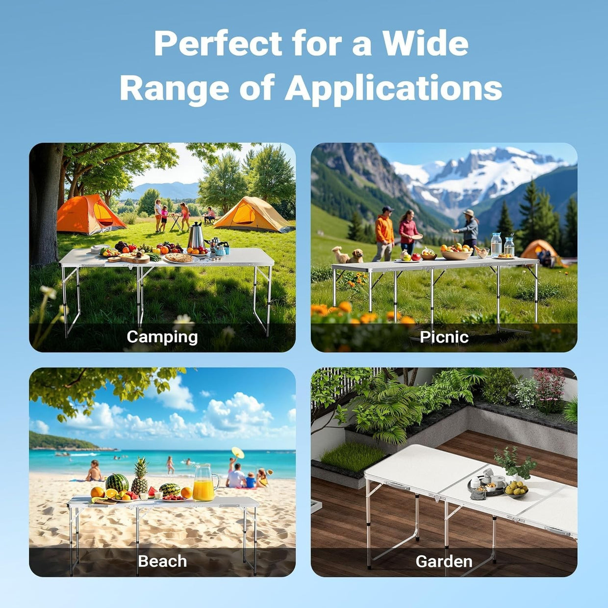 Folding Camping Table 180x60cm Adjustable Height BBQ Garden Picnic - Kwikley