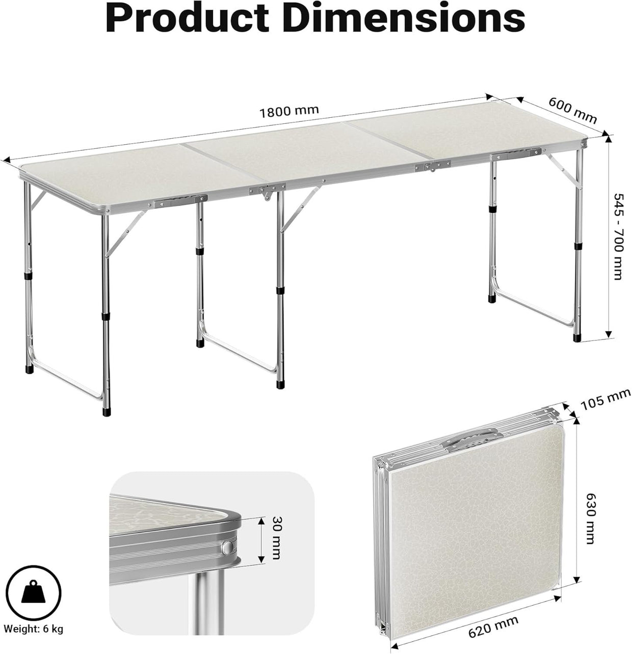 Folding Camping Table 180x60cm Adjustable Height BBQ Garden Picnic - Kwikley