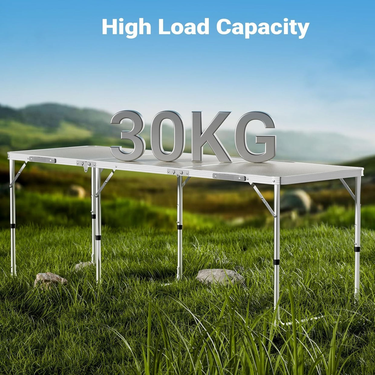 Folding Camping Table 180x60cm Adjustable Height BBQ Garden Picnic - Kwikley