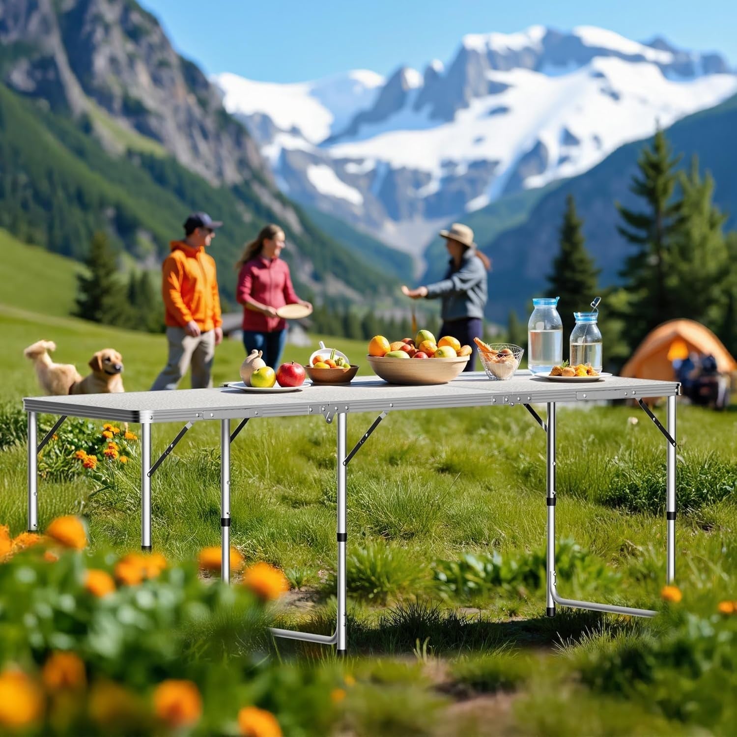 Folding Camping Table 180x60cm Adjustable Height BBQ Garden Picnic - Kwikley