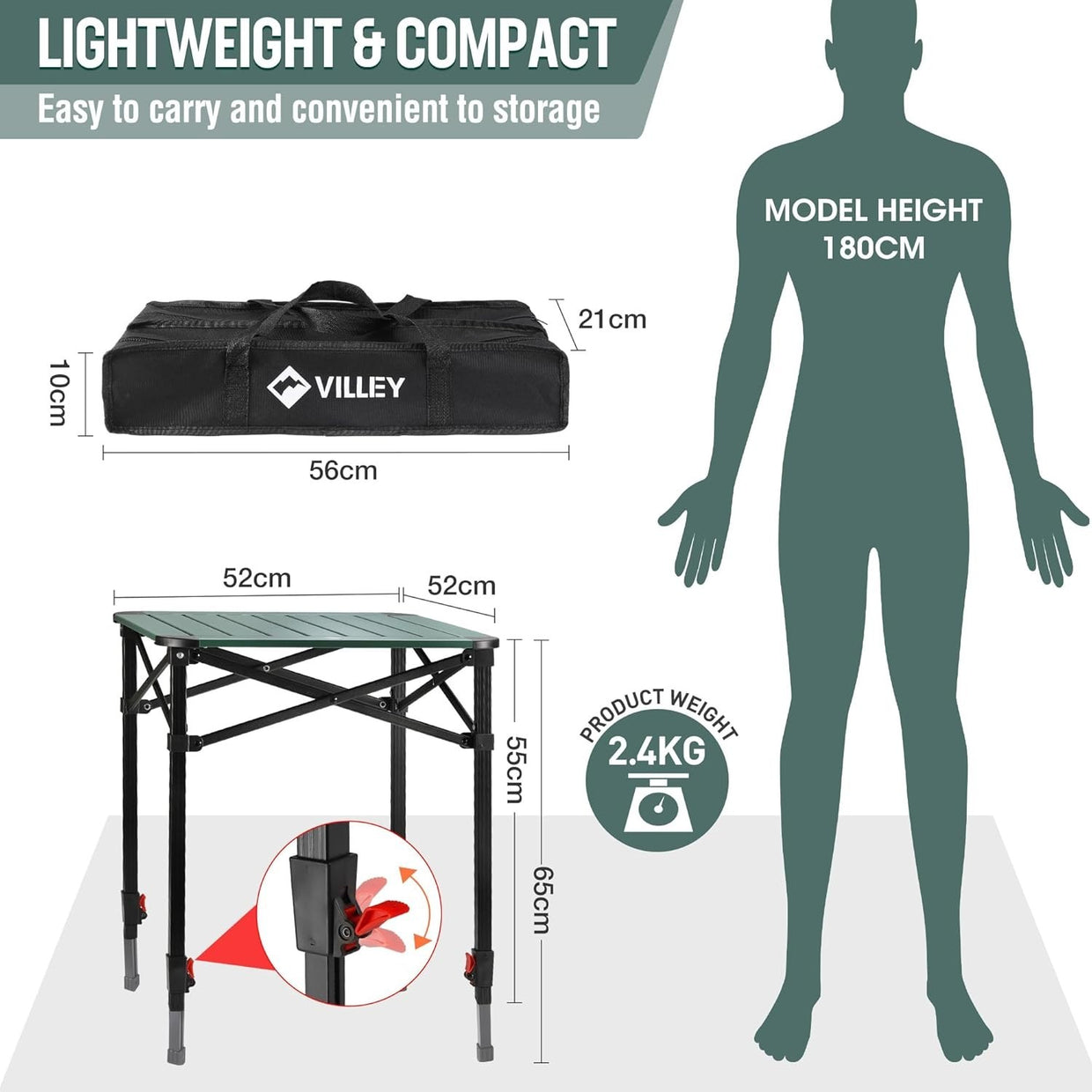 Folding Camping Table Portable Roll - Up Aluminum Outdoor Adjustable Height - Kwikley