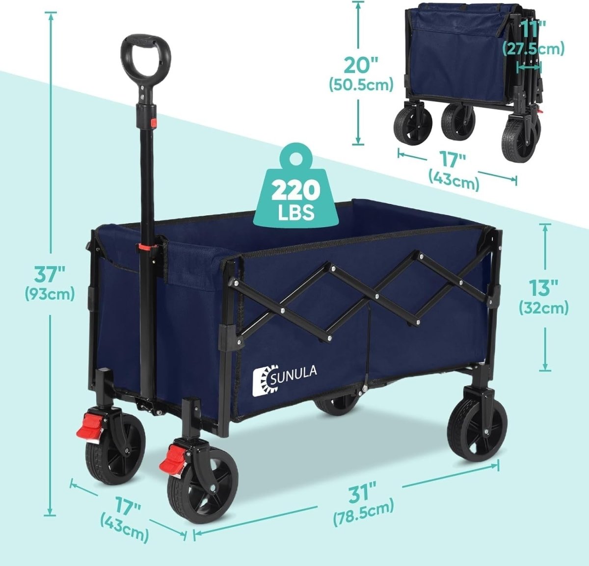 Folding Camping Trolley 120L Heavy Duty Garden Wagon 220lbs Blue - Kwikley