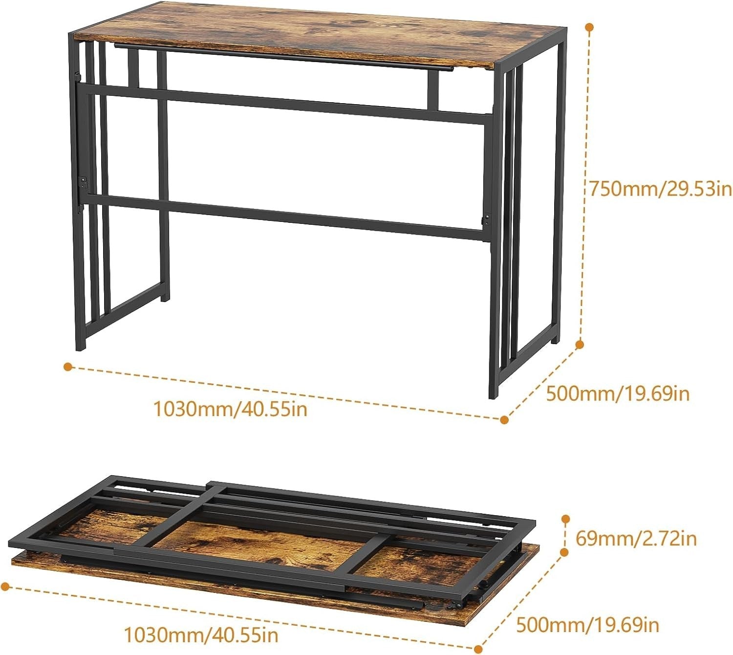 Folding Computer Desk 103x50cm No Assembly Writing Study Table Rustic Brown - Kwikley
