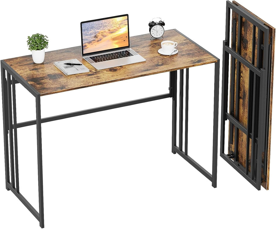 Folding Computer Desk 103x50cm No Assembly Writing Study Table Rustic Brown - Kwikley