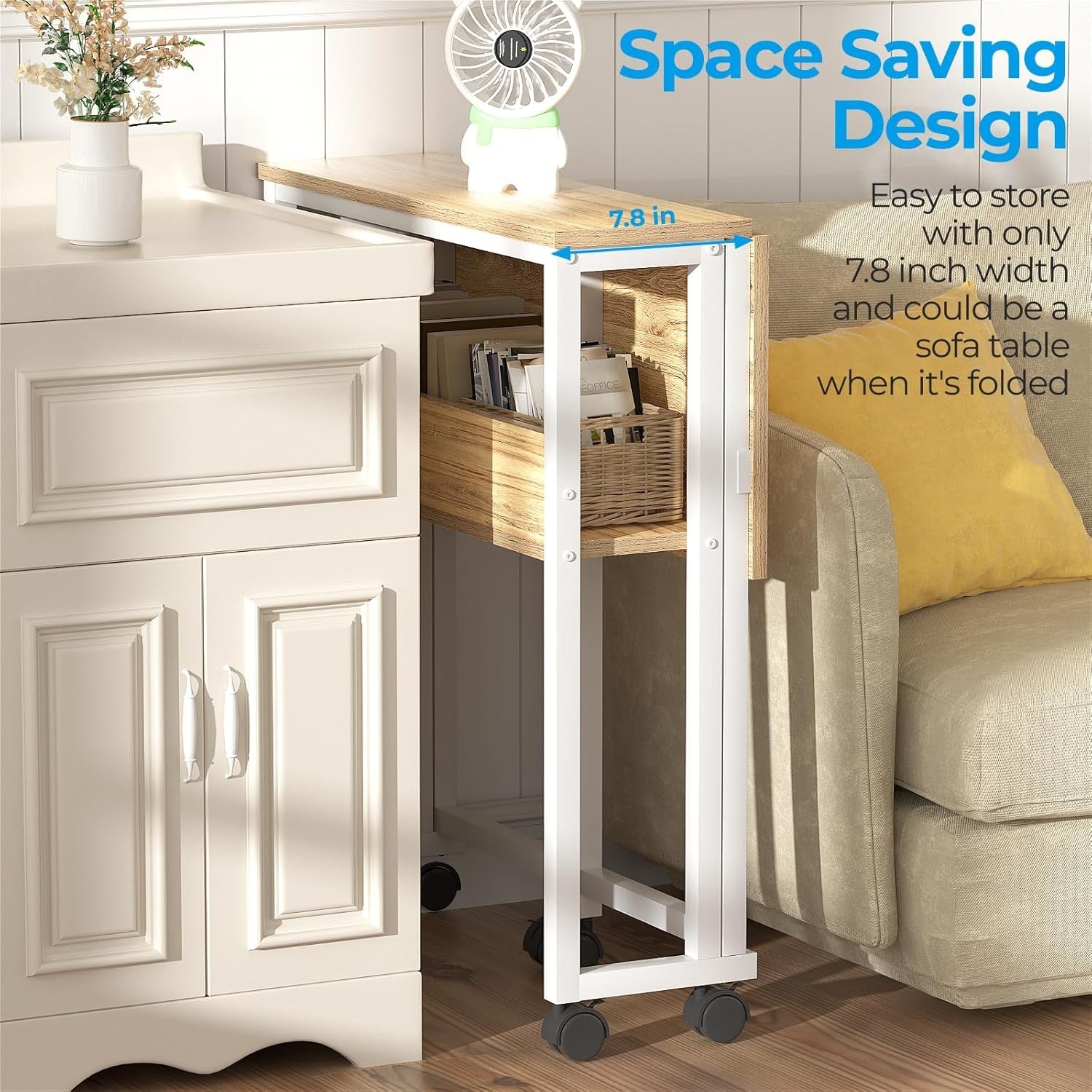 Folding Computer Desk 80cm with Storage Shelf Rolling Home Office Table - Kwikley