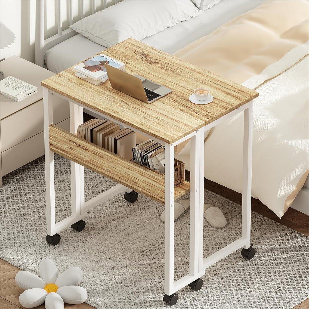 Folding Computer Desk 80cm with Storage Shelf Rolling Home Office Table - Kwikley