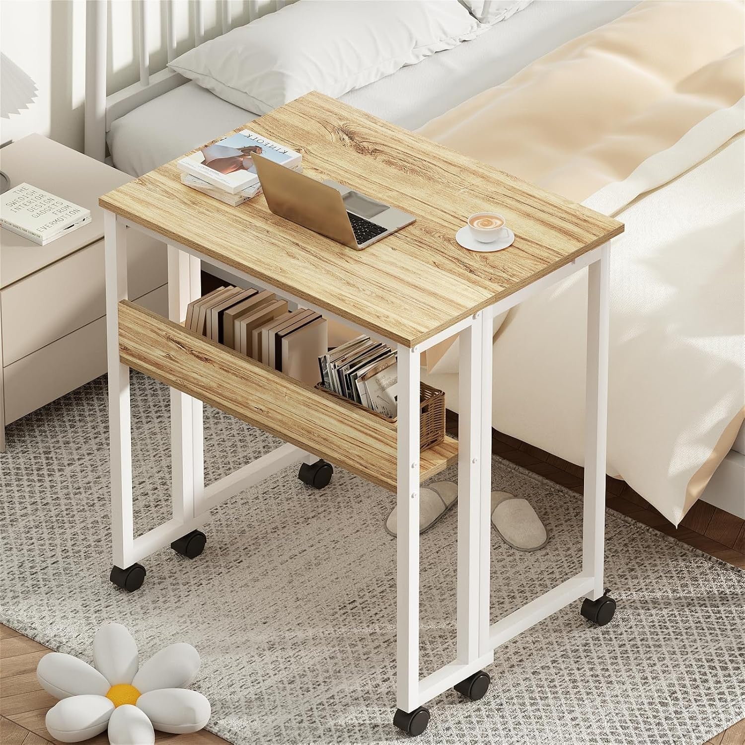 Folding Computer Desk 80cm with Storage Shelf Rolling Home Office Table - Kwikley