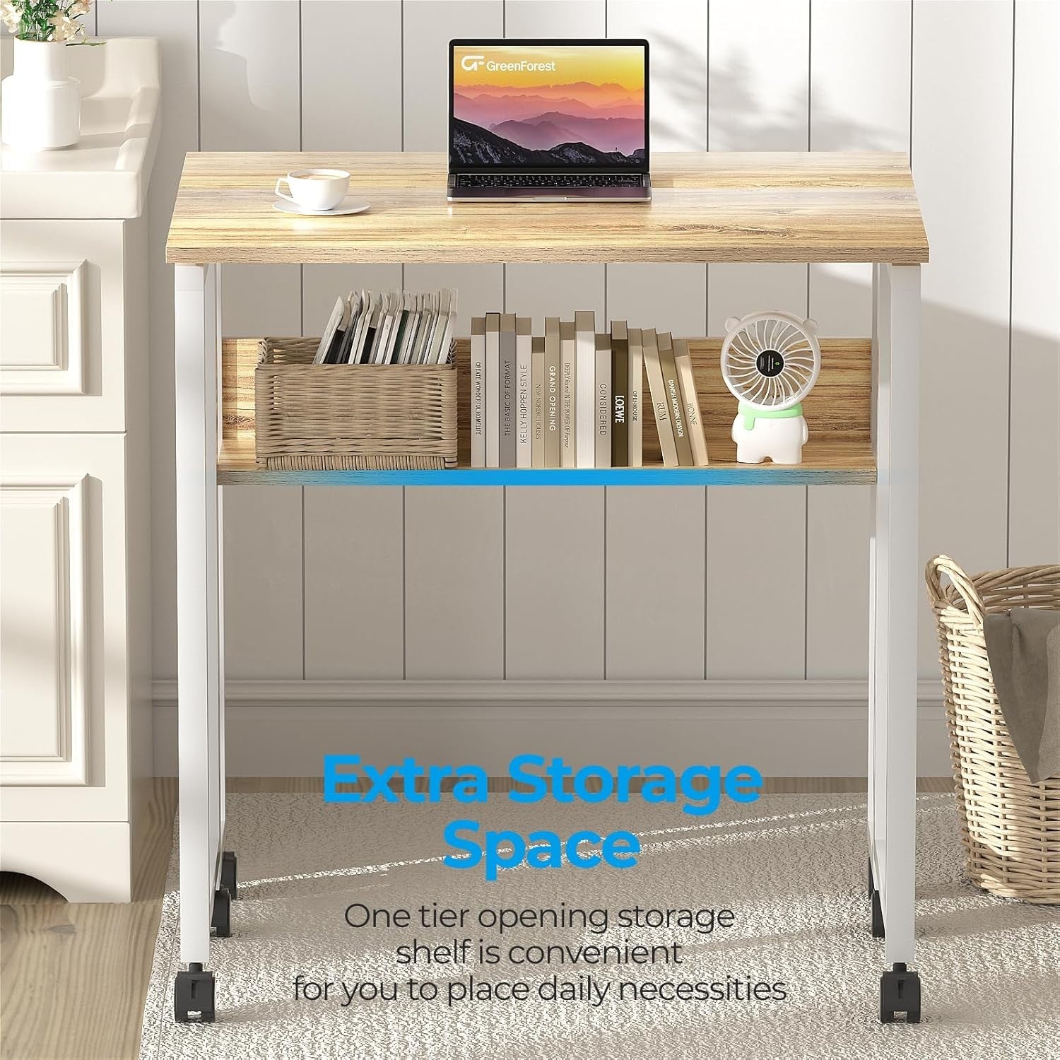 Folding Computer Desk on Wheels with Storage Shelf Space Saving Oak 80cm - Kwikley