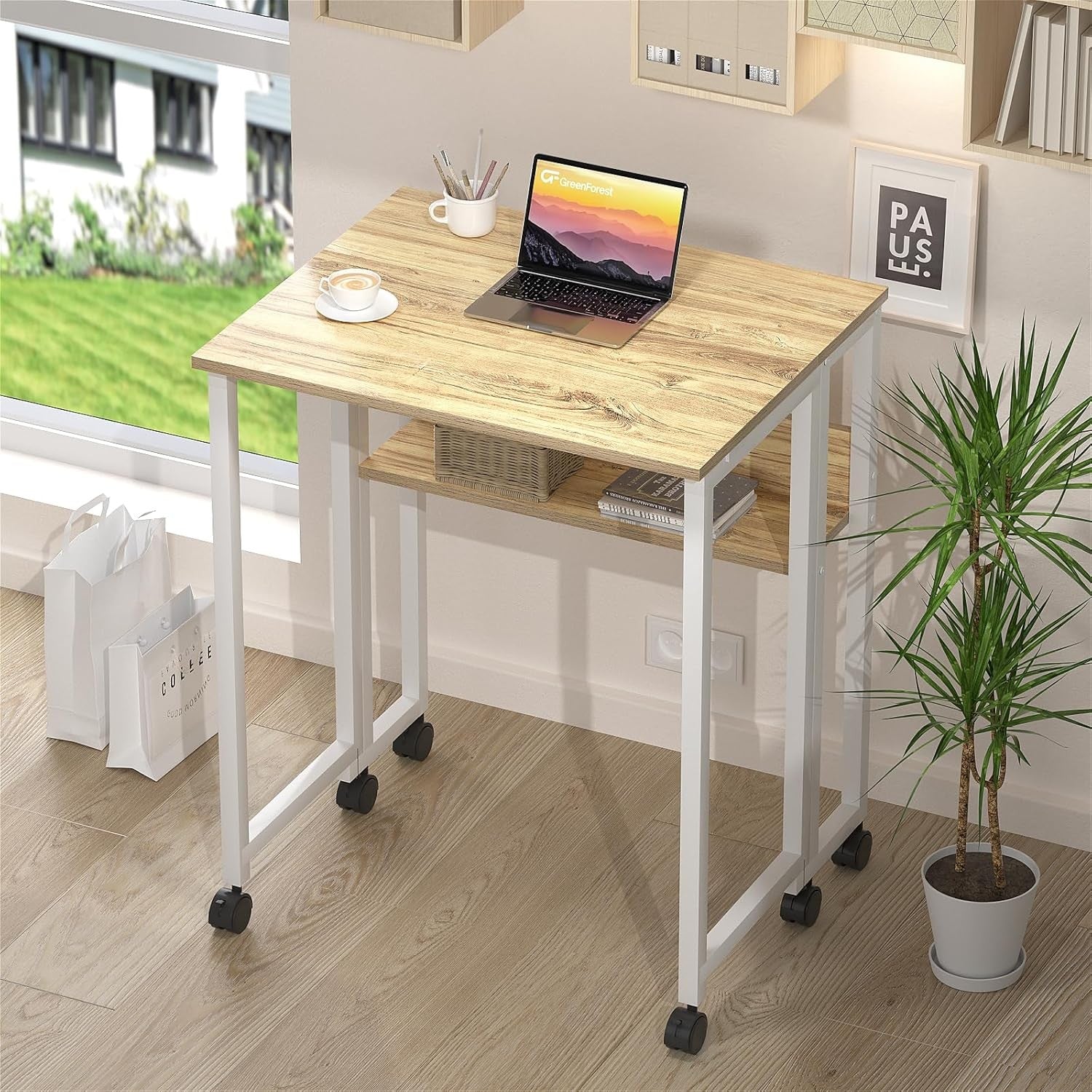 Folding Computer Desk on Wheels with Storage Shelf Space Saving Oak 80cm - Kwikley