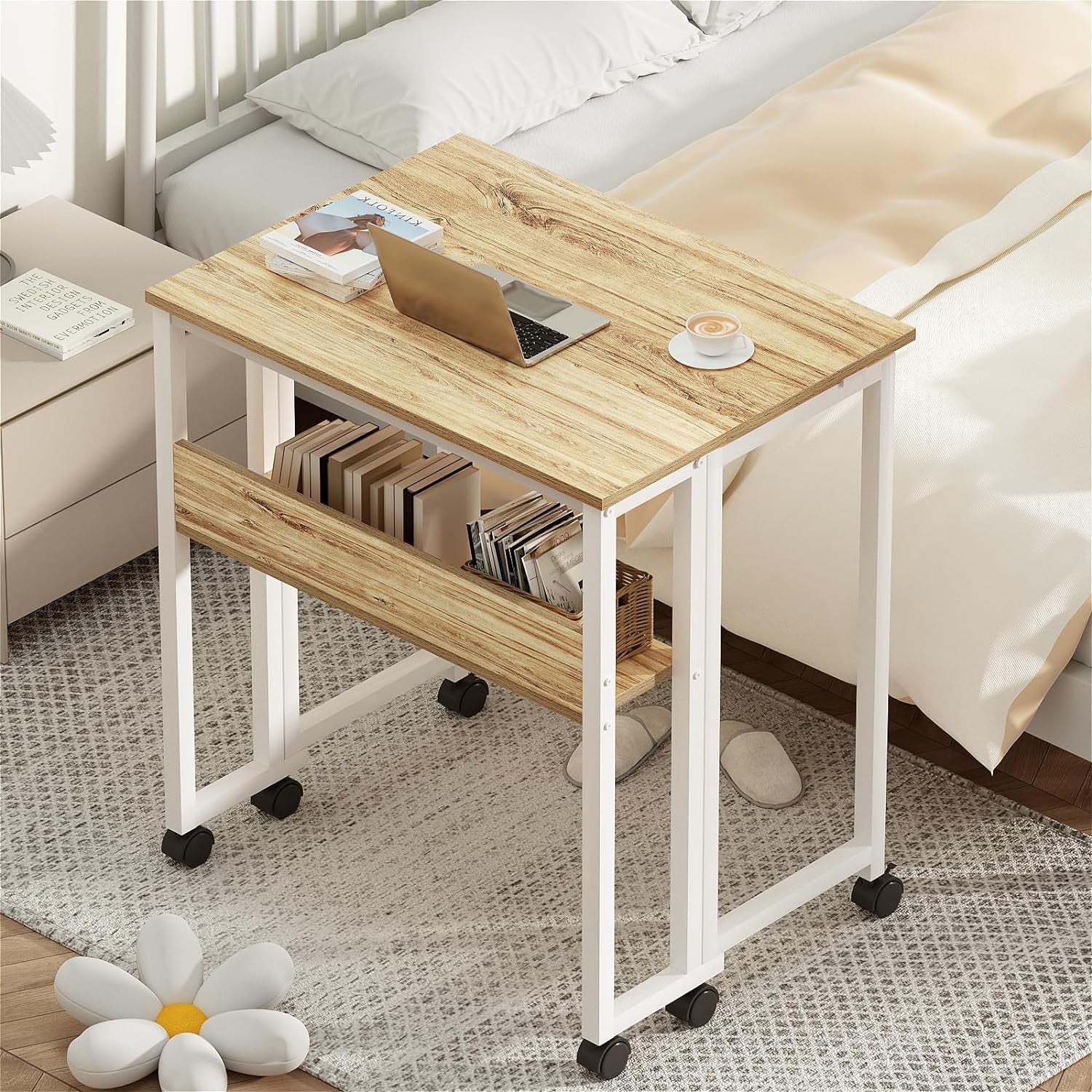 Folding Computer Desk on Wheels with Storage Shelf Space Saving Oak 80cm - Kwikley