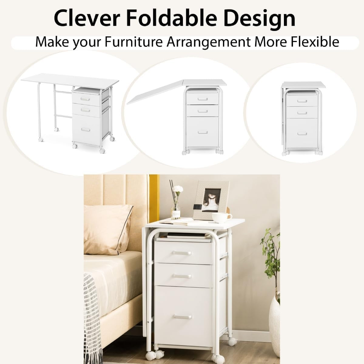 Folding Computer Desk Rolling Laptop Table with Drawers Wheels White - Kwikley
