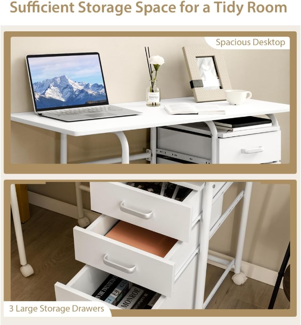 Folding Computer Desk Rolling Laptop Table with Drawers Wheels White - Kwikley