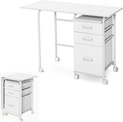 Folding Computer Desk Rolling Laptop Table with Drawers Wheels White - Kwikley
