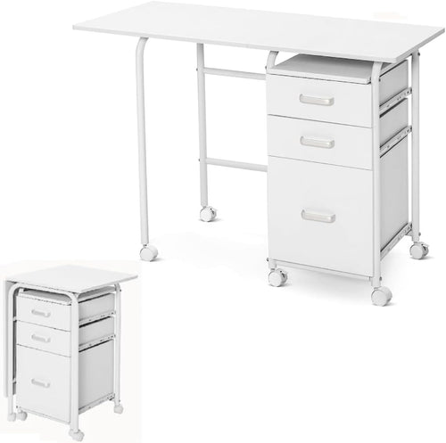Folding Computer Desk Rolling Laptop Table with Drawers Wheels White - Kwikley