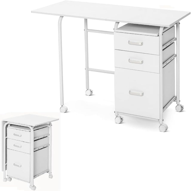 Folding Computer Desk Rolling Laptop Table with Drawers Wheels White